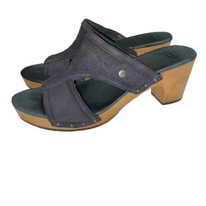 NWOT UGG Leather Gunmetal Gray Slip On Wood Heels